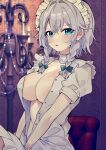  1girl absurdres blue_eyes blush bow braid breasts buttons green_bow grey_hair hair_between_eyes hair_bow highres izayoi_sakuya large_breasts looking_at_viewer maid maid_headdress medium_hair necono_(nyu6poko) open_clothes open_mouth open_shirt puffy_short_sleeves puffy_sleeves shirt short_sleeves signature solo touhou twin_braids white_shirt 