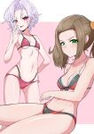  2girls :p absurdres bangs_pinned_back bare_arms bare_shoulders bikini blush breasts brown_hair character_request cleavage closed_mouth collarbone commentary_request forehead grey_hair highleg highleg_bikini highres kamidan layered_bikini medium_breasts multiple_girls navel parted_bangs pink_background red_bikini red_eyes shania_(xenoblade) sitting small_breasts smile swimsuit tongue tongue_out twintails two-tone_background white_background xenoblade_chronicles_(series) xenoblade_chronicles_3 