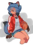  1girl absurdres animal_ears animal_nose ball basketball black_hair blue_eyes blue_hair blue_shorts body_fur brand_new_animal brown_fur furry furry_female hair_between_eyes highres holding holding_ball jacket jianpan_xiafang_de_da_kongge kagemori_michiru looking_to_the_side medium_hair multicolored_hair open_clothes open_jacket raccoon_ears raccoon_girl raccoon_tail red_jacket shirt shorts simple_background sitting solo streaked_hair tail white_background white_shirt 