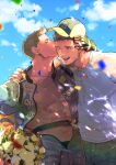  2boys abs bara baseball_cap black_hair bodysuit bouquet chris_redfield closed_eyes cloud confetti couple day facial_hair grey_bodysuit grey_pants hat highres holding holding_bouquet kiss kissing_cheek kuconoms large_pectorals male_focus multiple_boys muscular muscular_male navel official_alternate_costume one_eye_closed open_bodysuit open_clothes outdoors pants pectorals piers_nivans resident_evil resident_evil_6 shirt short_hair sky smile white_shirt yaoi 