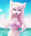  2017 5_fingers anthro artist_name black_nose blue_eyes blue_sky canid canine clothing digital_media_(artwork) eyelashes female fingers fist hair half-length_portrait hand_on_own_belly hi_res layala long_hair mammal navel navel_piercing outside piercing pink_clothing pink_hair pink_topwear portrait shaded sky solo standing topwear water 