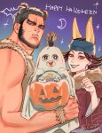  1boy 1girl 1other :d animal_ears bare_arms bear_ears beard_stubble character_request earrings fake_animal_ears family fox_ears fox_girl from_side frown ghost_pose golden_kamuy halloween halloween_costume happy_halloween headband highres holding_baby hoop_earrings inkarmat jewelry jo_tuesday19 looking_at_viewer mature_male muscular muscular_male short_hair smile tanigaki_genjirou thick_eyebrows upper_body 