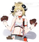  1girl :q absurdres arknights arm_strap bare_shoulders blonde_hair bracelet breasts choker cleavage closed_mouth collarbone highres holding holding_skewer horns ifrit_(arknights) ifrit_(sunburn)_(arknights) inu_to_milk jewelry looking_at_viewer navel official_alternate_costume oripathy_lesion_(arknights) parted_bangs red_choker red_eyes see-through short_hair simple_background skewer small_breasts smile solo sparkling_eyes tongue tongue_out translation_request white_background 