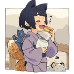  1girl :d animal_ears bag black_hair border closed_mouth commentary_request eating food fox_ears fox_girl fox_tail holding holding_bag holding_food japanese_clothes kimono kukuri_(mawaru) long_sleeves mawaru_(mawaru) oni open_mouth original outdoors purple_kimono revision short_hair smile solo tail white_border 