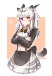  1girl animal_ear_fluff animal_ears apron black_apron black_ribbon black_sleeves blue_eyes closed_mouth cross cross_necklace crossed_arms gradient_hair grey_hair grey_shirt hair_ornament headgear heterochromia jewelry karenina:_ember_(deed_of_snow_leopard)_(punishing:_gray_raven) karenina:_ember_(punishing:_gray_raven) karenina_(punishing:_gray_raven) leopard_ears leopard_tail long_hair long_sleeves maid_apron midriff multicolored_hair myam_(123ab456c) navel necklace orange_eyes punishing:_gray_raven ribbon shirt sidelocks solo tail twintails white_shirt 