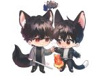  2boys animal_ears black_footwear black_gloves black_hair black_pants brothers cat_boy cat_ears cat_tail chibi closed_mouth commentary_request fingerless_gloves full_body gloves grey_jacket grey_shirt han_yoohyun han_yoojin holding holding_sword holding_weapon iooru03 jacket kemonomimi_mode korean_commentary long_sleeves looking_at_another male_focus manticore_(mythology) multiple_boys naega_kiun_s_geubdeul open_mouth pants peace_(naega_kiun_s_geubdeul) red_eyes shirt shoes short_hair siblings simple_background smile standing sword tail weapon white_background 