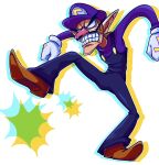  ._. 1boy absurdres angry big_nose brown_hair clenched_hand clenched_teeth commentary_request facial_hair full_body gloves hat highres male_focus mario_(series) mu_(anitora24) mustache overalls pointy_ears purple_shirt shirt short_hair solo teeth waluigi white_gloves 