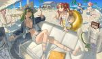  6+girls ahoge animal_ears arknights barefoot beach bikini blue_bikini blue_jacket blue_shorts blue_sky blush breasts can cat_ears cat_girl cat_tail ceylon_(arknights) ceylon_(holiday)_(arknights) ch&#039;en_(arknights) ch&#039;en_the_holungday_(arknights) cleavage cloud couch cow_ears cow_girl cow_horns drum_(container) eyewear_on_head gavial_(arknights) gavial_the_invincible_(arknights) gavial_the_invincible_(holiday)_(arknights) goldenglow_(arknights) goldenglow_(summer_flowers)_(arknights) green_eyes green_hair hair_ornament hat hat_removed headwear_removed heart heart-shaped_eyewear highres holding holding_can horns innertube jacket lanzi_(415460661) large_breasts long_hair multiple_girls myrtle_(arknights) myrtle_(summer_flowers)_(arknights) navel official_alternate_costume open_clothes open_jacket open_mouth outdoors palm_tree pink_hair pointy_ears projekt_red_(arknights) projekt_red_(light_breeze)_(arknights) radio reclining red_hair sand short_hair shorts sideroca_(arknights) sideroca_(light_breeze)_(arknights) sitting sky small_breasts stomach sunglasses swimsuit swire_(arknights) swire_the_elegant_wit_(arknights) table tail tree water white_bikini yellow_eyes 