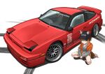  animal_ears arai_kogane baseball_cap brown_hair brown_shorts car fox_ears fox_girl fox_tail grey_shirt hat jacket looking_at_viewer motor_vehicle multicolored_hair nissan nissan_180sx orange_jacket original shirt shorts skid_mark sleeves_rolled_up sports_car squatting tail vehicle_focus white_hair 