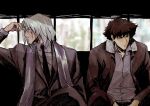  2boys absurdres black_hair black_necktie closed_mouth cowboy_bebop finger_on_forehead grey_hair highres looking_to_the_side medium_hair multiple_boys necktie short_hair spike_spiegel spiked_hair tobalin vicious_(cowboy_bebop) 