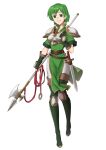  1girl armor belt breastplate dress ebinku fingerless_gloves fire_emblem fire_emblem:_thracia_776 gloves green_dress green_eyes green_footwear green_hair halberd highres holding holding_polearm holding_weapon karin_(fire_emblem) looking_at_viewer polearm short_hair smile sword weapon 