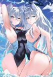  2girls animal_ears arm_up armpits ass bare_arms bare_shoulders blue_archive blue_eyes blush breasts covered_navel crossed_bangs grey_hair hair_between_eyes hair_ornament halo highres large_breasts long_hair multiple_girls one-piece_swimsuit outdoors parted_lips partially_submerged shiben_(ugvu5784) shiroko_(blue_archive) shiroko_(terror)_(blue_archive) swimsuit thighs water 
