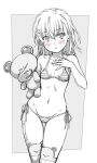  1girl animal_hood ass_visible_through_thighs bikini breasts commentary_request cowboy_shot gekota groin highres hood isshi_pyuma looking_at_viewer misaka_mikoto monochrome navel short_hair side-tie_bikini_bottom small_breasts solo striped striped_bikini stuffed_animal stuffed_frog stuffed_toy swimsuit thigh_gap thighhighs toaru_kagaku_no_railgun toaru_majutsu_no_index 