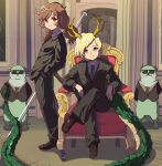  2girls antlers black_jacket black_pants blonde_hair brown_hair chair circlet collared_shirt dragon_horns dragon_tail fatal_fury formal highres horns jacket kicchou_yachie long_sleeves long_tail looking_at_viewer low_twintails monkey_tail multiple_girls necktie otter pant_suit pants red_eyes ruyi_jingu_bang shirt short_hair sitting son_biten suit suit_jacket sunglasses syope tail touhou turtle_shell twintails 