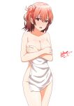  1girl breasts collarbone covering covering_breasts cowboy_shot dated hair_bun hair_bunlarge_breasts looking_at_viewer medium_hair mirror naked_towel open_mouth red_eyes red_hair sakayaya signature simple_background single_hair_bun single_side_bun solo towel white_background yahari_ore_no_seishun_lovecome_wa_machigatteiru. yuigahama_yui 