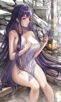  1girl absurdres bare_shoulders bird blush breasts cleavage collarbone covering genshin_impact highres large_breasts long_hair looking_at_viewer mole mole_under_eye naked_towel nori_chazuke onsen parted_lips purple_eyes purple_hair raiden_shogun rock soaking_feet solo steam thighs towel water wet 