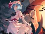  1girl bat_(animal) bat_wings blue_hair blurry blurry_background brooch closed_mouth cloud depth_of_field dress frills from_below hat highres jewelry light_frown mob_cap night night_sky pink_dress red_eyes remilia_scarlet short_hair short_sleeves sidelighting sky solo syc2159 touhou wings wrist_cuffs 