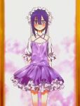  1girl absurdres breasts cosplay dress highres inui_sajuna magical_girl mirror mugichan07 purple_background purple_dress purple_hair short_hair small_breasts sono_bisque_doll_wa_koi_wo_suru white_background 