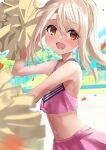  1girl bare_shoulders blonde_hair blush breasts cheerleader crop_top fate/kaleid_liner_prisma_illya fate_(series) highres holding holding_pom_poms illyasviel_von_einzbern long_hair looking_at_viewer midriff navel open_mouth pan_korokorosuke pink_shirt pink_skirt pom_pom_(cheerleading) ponytail red_eyes shirt skirt small_breasts smile solo 