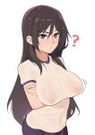  1girl ? arms_under_breasts black_hair breasts brown_eyes covered_navel covered_nipples english_commentary frip fukiyose_seiri gym_shirt hair_between_eyes highres large_breasts light_blush long_hair looking_at_viewer parted_lips see-through see-through_shirt shirt short_sleeves solo toaru_majutsu_no_index wet wet_clothes wet_shirt white_background 