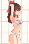  1girl absurdres armpits backlighting blush bow bra breasts brown_hair cleavage expressionless forneus_0 from_side hair_bow hair_tubes hakurei_reimu highres long_hair looking_ahead medium_breasts navel panties profile red_bow touhou underwear underwear_only white_bra white_panties window 