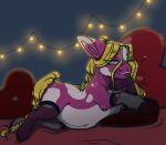  blonde_hair christmas_lights female feral fluffy_pony fur hair heart_pillow hi_res pillow princess purple_body purple_fur royalty solo suggestive swiftbitches yellow_eyes 