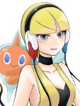  1girl :&gt; absurdres bare_shoulders black_choker blonde_hair blue_eyes blunt_bangs blush breasts cable choker closed_mouth collarbone commentary_request elesa_(pokemon) happy headphones highres jpeg_artifacts light_blush looking_at_viewer open_mouth partial_commentary pokemon pokemon_(creature) pokemon_(game) pokemon_bw rotom rotom_(normal) shirt short_hair simple_background sleeveless sleeveless_shirt small_breasts smile solo_focus suzu_(pixiv_32232702) upper_body white_background yellow_shirt 