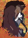  anthro autumn autumn_leaves bast_(furdough) braided_hair canid canine canis claws detailed_background digital_media_(artwork) dire_wolf duo embrace eyes_closed female fox fur furdough gloves_(marking) hair hi_res kiss_on_lips kissing leaf lilah_(furdough) long_hair male male/female mammal markings nature nature_background nude outside plant romantic romantic_couple size_difference tail tail_markings thick_thighs tree tuft wolf 