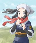  1girl :o akari_(pokemon) cloud commentary_request day eyelashes floating_hair floating_scarf grey_eyes hands_up head_scarf highres jacket logo looking_at_viewer mikan_(mikan_no_happa) outdoors pokemon pokemon_(game) pokemon_legends:_arceus ponytail sash scarf shirt sidelocks skirt sky solo 