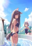  2girls animal_ear_fluff animal_ears ass bench blue_one-piece_swimsuit blush breasts brown_hair cat_ears cat_girl cat_tail cloud dog_ears dog_tail fountain from_behind highres long_hair looking_at_viewer looking_back multiple_girls one-piece_swimsuit open_mouth original outdoors pink_eyes school_swimsuit short_hair sky small_breasts smile standing swimsuit tail tenjou_ryuka thighs wading water 