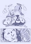  2girls aged_down arona&#039;s_sensei_doodle_(blue_archive) blue_archive blush cellphone covering_mouth greyscale highres holding holding_phone monochrome multiple_girls noa_(blue_archive) oversized_clothes pekenpon phone sensei_(blue_archive) smartphone smoke taking_picture yuuka_(blue_archive) 
