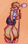  anthro big_ears blind bottomwear cane clothing desperation eyes_closed female fluffy fur hand_on_crotch haplorhine hi_res japanese_macaque macaque mammal monkey old_world_monkey primate shirt shorts solo speech_bubble sweet_madeline tan_body tan_fur tank_top topwear white_cane 