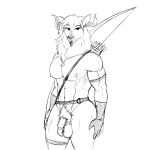  2021 abs anthro balls bow_(weapon) clothing deer ear_piercing flaccid foreskin front_view genitals girokett gloves greyscale handwear hi_res horn humanoid_genitalia humanoid_penis looking_at_viewer male mammal monochrome nipples pecs penis piercing quiver ranged_weapon simple_background sketch smile solo standing weapon white_background 