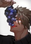  1boy achilles_(fate) black_shirt brown_hair eating fate/apocrypha fate_(series) food fruit grapes haruakira highres holding holding_food holding_fruit looking_at_viewer male_focus red_eyes ribbed_shirt shirt short_hair simple_background solo teeth tongue tongue_out upper_body upper_teeth_only white_background 