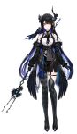  1girl animal_on_shoulder bare_shoulders bird bird_on_shoulder black_gloves black_hair black_leggings black_thighhighs blue_hair crow gloves hair_ornament highres holding holding_polearm holding_weapon hololive hololive_english horns kim_eb leggings mole mole_under_eye multicolored_hair nerissa_ravencroft official_art polearm red_eyes shadow_(nerissa_ravencroft) single_thighhigh solo thighhighs transparent_background virtual_youtuber weapon 