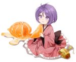  1girl :t closed_mouth commentary_request eating food fruit holding holding_food holding_fruit japanese_clothes kimono long_sleeves looking_at_viewer mandarin_orange mini_person miracle_mallet no_headwear pink_kimono purple_eyes purple_hair sarukana seiza short_hair simple_background sitting solo sukuna_shinmyoumaru touhou white_background wide_sleeves 