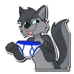  1:1 alpha_channel anthro blep blue_eyes blue_seam_briefs briefs canid canine canis clothing fur grey_body grey_fur holding_clothing holding_object holding_underwear looking_at_viewer male mammal nowandlater solo sticker tail telegram_sticker tongue tongue_out underwear white_briefs white_clothing white_underwear wolf zach_the_wolf 