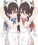  2girls @_@ absurdres anger_vein apron arm_up black_hair blue_bow blue_bowtie blue_horns blue_wings blush bow bowtie braid breasts character_request dragon_girl dragon_wings hair_between_eyes haruka1638 highres horns maid_headdress multiple_girls naked_apron princess_connect! red_bow red_bowtie red_horns red_wings siblings sisters small_breasts speech_bubble spoken_anger_vein spoken_blush sweatdrop twins wings 