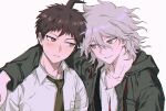  2boys ahoge arm_around_shoulder artist_name boleum_(dgrpluna) breast_pocket brown_eyes brown_hair collarbone collared_shirt danganronpa_(series) danganronpa_2:_goodbye_despair eye_contact green_necktie grey_hair grey_shirt hinata_hajime hood hood_down hooded_jacket jacket komaeda_nagito looking_at_another male_focus messy_hair multiple_boys necktie open_clothes open_jacket pocket print_shirt shirt sideways_glance simple_background smile 