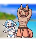  abs anthro beach bikini blue_eyes blush brother brother_and_sister brown_body clothing duo embarrassed female happy hi_res kiguna_(komenuka_inaho) komenuka_inaho larger_male looking_at_another male mammal muscular muscular_male seaside shy sibling sido_(komenuka_inaho) sister size_difference smaller_female swimwear white_body 