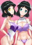  2girls absurdres bare_arms bare_legs black_hair blue_eyes bow bra breasts closed_mouth coat covered_navel dual_persona hair_bow highres kohinata_miku large_breasts long_hair looking_at_viewer medium_hair multiple_girls navel one-piece_swimsuit panties parted_lips pink_background purple_bra purple_one-piece_swimsuit purple_panties senki_zesshou_symphogear shem-ha sidelocks swimsuit underwear white_bow white_coat white_one-piece_swimsuit yagikan_(caru2338) yellow_eyes 