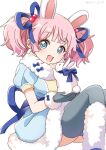  1girl :d animal_ears blue_dress blue_eyes blue_ribbon commentary dress fur-trimmed_dress fur-trimmed_gloves fur_trim gloves grey_gloves grey_thighhighs hair_bobbles hair_ornament hair_ribbon highres looking_at_viewer nnn_yryr open_mouth pink_hair puffy_short_sleeves puffy_sleeves rabbit rabbit_ears ribbon short_sleeves simple_background sitting smile solo symbol-only_commentary thighhighs twintails twitter_username white_background yoshikawa_chinatsu yuru_yuri 