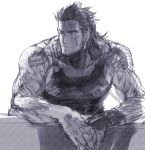  1boy bara beard facial_hair final_fantasy final_fantasy_xv gladiolus_amicitia greyscale hair_slicked_back karipaku large_pectorals looking_to_the_side male_focus mature_male medium_hair monochrome muscular muscular_male own_hands_together pectorals scar scar_on_face scar_on_forehead sidepec sketch smile solo tank_top upper_body 