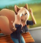  2017 5_fingers anthro artist_name bench biped blonde_hair blue_bottomwear blue_clothing blue_eyes blue_pants blue_shirt blue_topwear bottomwear breasts brown_body brown_fur clothed clothing digital_media_(artwork) eyelashes felid female fingers fully_clothed fur gesture hair hi_res layala looking_at_viewer mammal outside pants park_bench pink_nose shaded shirt sitting solo tail topwear waving 