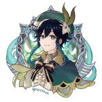  1boy black_hair braided_sidelock cecilia_flower_(genshin_impact) collared_cape frilled_shirt frills genshin_impact gradient_hair green_eyes green_hair green_headwear hat looking_at_viewer meziosaur multicolored_hair otoko_no_ko ribbon shirt short_hair_with_long_locks smile solo striped striped_ribbon teeth upper_body venti_(genshin_impact) watermark 