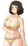  1girl bare_shoulders bikini black_hair blush breasts chief_(91m10) collarbone highres kawakami_sadayo large_breasts lips looking_at_viewer persona persona_5 short_hair simple_background solo swimsuit thighs 
