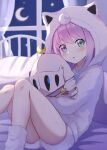  1girl bed crescent crescent_moon curtains fluffy gradient_hair green_eyes heterochromia highres himemori_luna hololive hood hooded_pajamas hug long_hair luknight_(himemori_luna) moon multicolored_hair on_bed pajamas pink_hair purple_hair shorts sky solo star_(sky) star_(symbol) starry_sky thighs uni_(maru231) window 