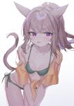  1girl :p animal_ears bent_over bikini bikini_under_clothes breasts cat_ears cat_girl cat_tail final_fantasy final_fantasy_xiv funa_(sakana) green_bikini light_brown_hair long_hair looking_at_viewer miqo&#039;te off_shoulder open_clothes open_shirt purple_eyes shirt short_sleeves swimsuit tail tied_shirt tongue tongue_out warrior_of_light_(ff14) yellow_shirt 