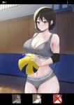  1girl ball bandaged_fingers bandages basketball_hoop blurry blurry_background breasts brown_hair collarbone cowboy_shot grey_eyes grey_panties grey_sports_bra highres holding holding_ball large_breasts mole mole_on_breast navel original panties ramachiru short_hair solo sports_bra sweat underwear volleyball_(object) wooden_floor 