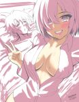  1boy 1girl :d after_sex blush breasts fate/grand_order fate_(series) fujimaru_ritsuka_(male) guy_tired_after_sex_(meme) highres iron_samurai large_breasts looking_at_viewer mash_kyrielight meme on_bed selfie short_hair sleeping smile sweat unbuttoned unbuttoned_shirt v 